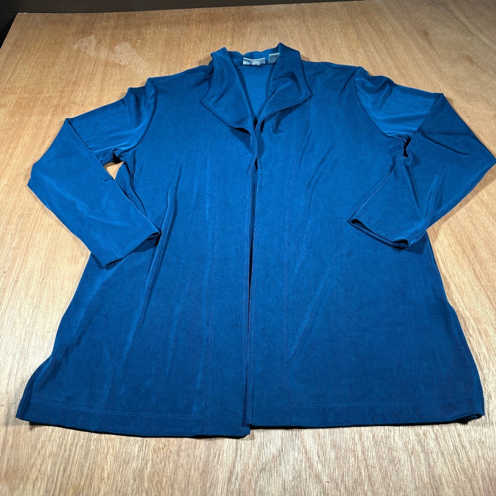 Chico's Travelers Cardigan Women Size 2(L) Blue Open Front Notched Collar Knit